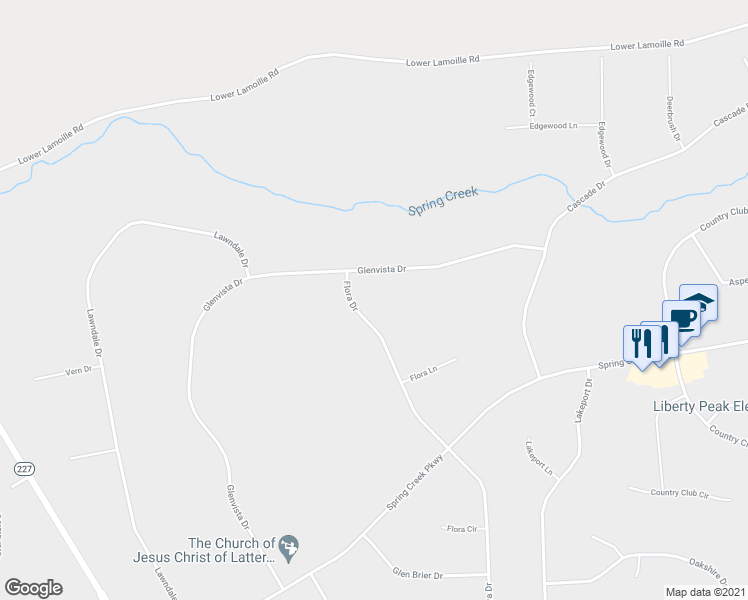map of restaurants, bars, coffee shops, grocery stores, and more near 214 Flora Drive in Spring Creek