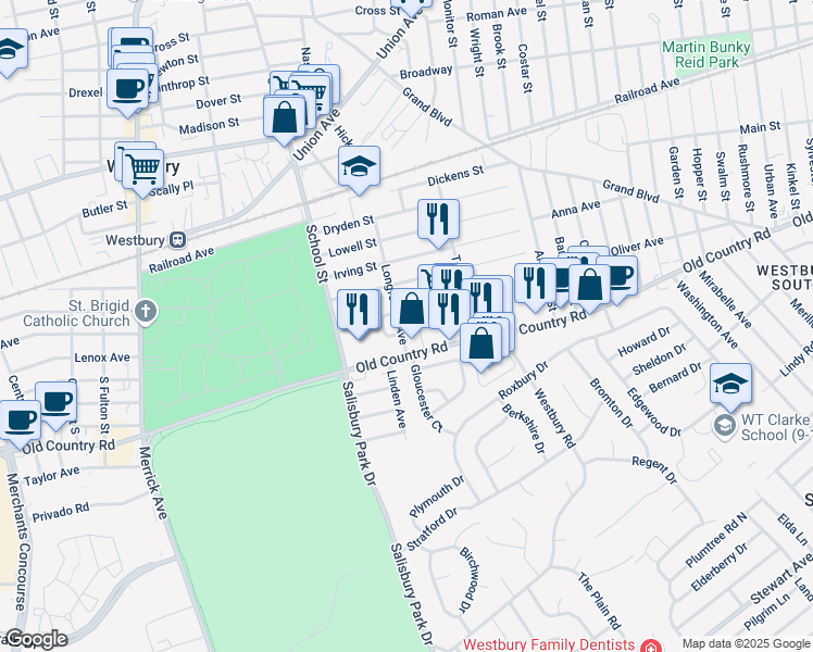 map of restaurants, bars, coffee shops, grocery stores, and more near 575 Old Country Road in Westbury
