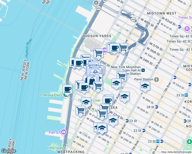 map of restaurants, bars, coffee shops, grocery stores, and more near 533 West 26th Street in New York