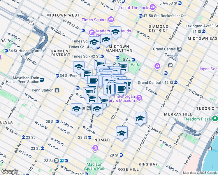 map of restaurants, bars, coffee shops, grocery stores, and more near 60 West 36th Street in New York
