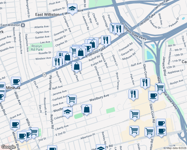 map of restaurants, bars, coffee shops, grocery stores, and more near 205 Raff Avenue in Mineola