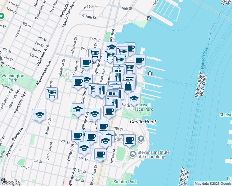 map of restaurants, bars, coffee shops, grocery stores, and more near 1117 Washington Street in Hoboken