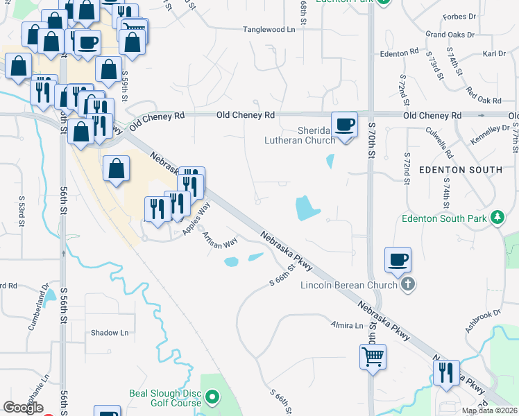 map of restaurants, bars, coffee shops, grocery stores, and more near 6200 Frontier Road in Lincoln