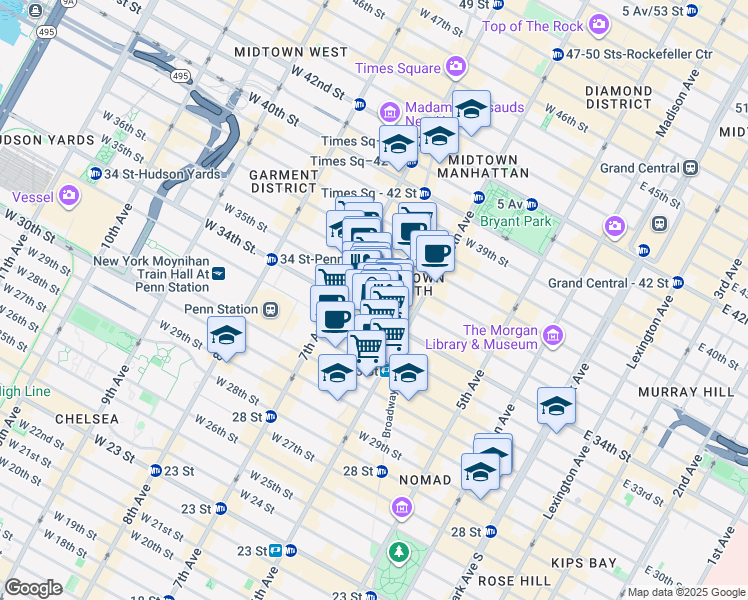 map of restaurants, bars, coffee shops, grocery stores, and more near 151 West 34th Street in New York