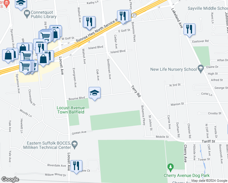 map of restaurants, bars, coffee shops, grocery stores, and more near 501 Smithtown Avenue in Bohemia