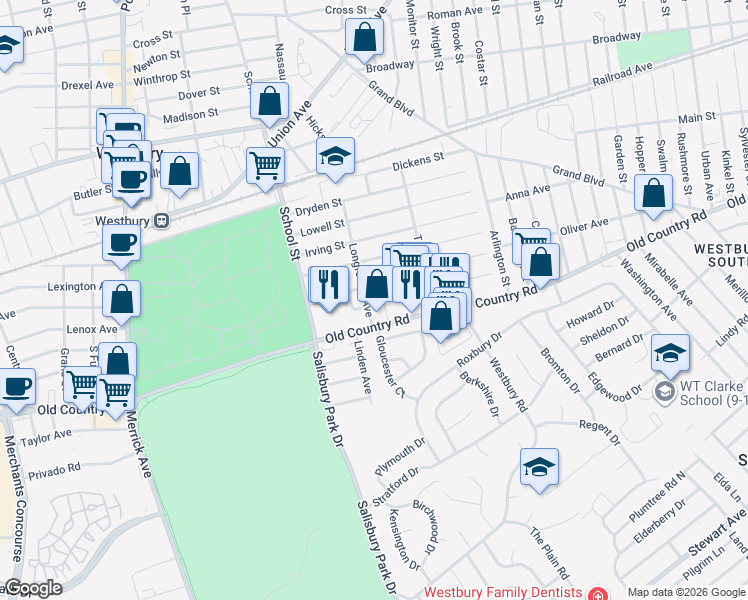 map of restaurants, bars, coffee shops, grocery stores, and more near 575 Old Country Road in Westbury