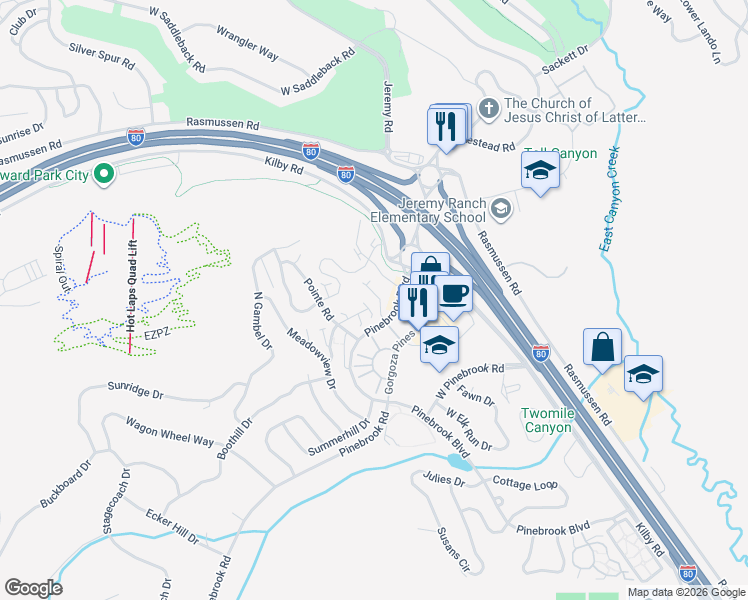 map of restaurants, bars, coffee shops, grocery stores, and more near 8361 Meadowview Court in Park City