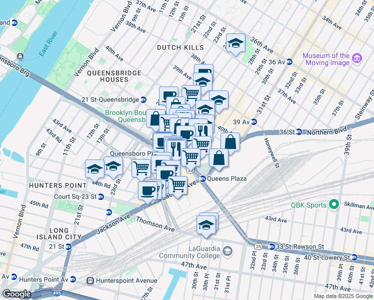map of restaurants, bars, coffee shops, grocery stores, and more near 41-43 41st Avenue in Queens