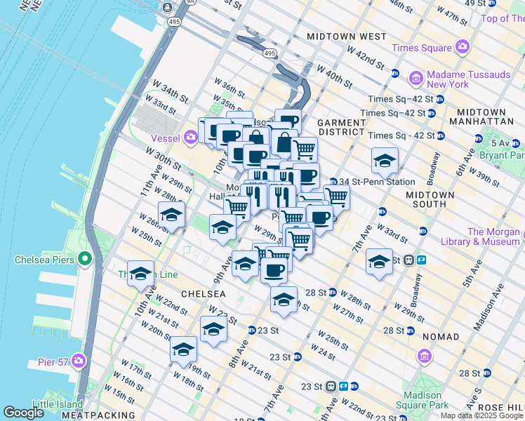 map of restaurants, bars, coffee shops, grocery stores, and more near 363 West 30th Street in New York