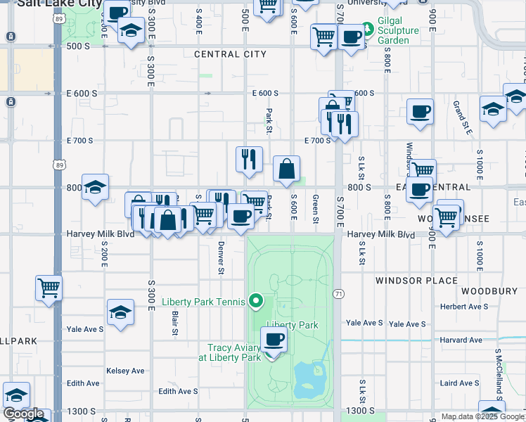 map of restaurants, bars, coffee shops, grocery stores, and more near 844 Park Street in Salt Lake City