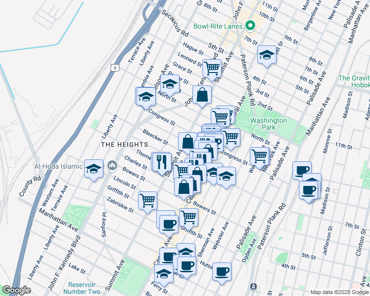 map of restaurants, bars, coffee shops, grocery stores, and more near 47 Bleecker Street in Jersey City