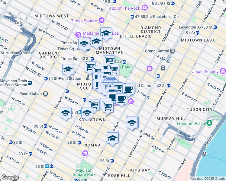 map of restaurants, bars, coffee shops, grocery stores, and more near 15 West 36th Street in New York