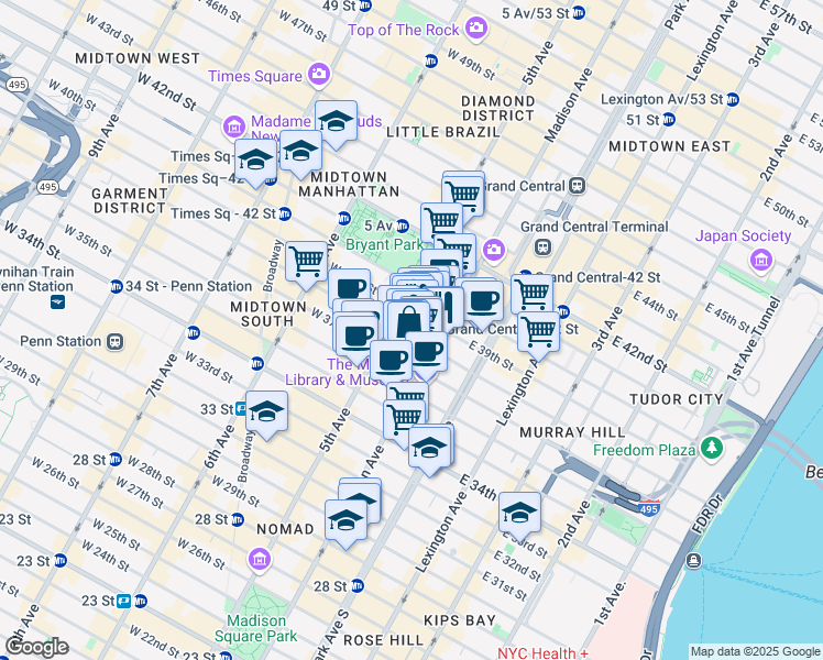 map of restaurants, bars, coffee shops, grocery stores, and more near 19 East 38th Street in New York