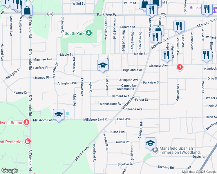 map of restaurants, bars, coffee shops, grocery stores, and more near 669 Coleman Road in Mansfield