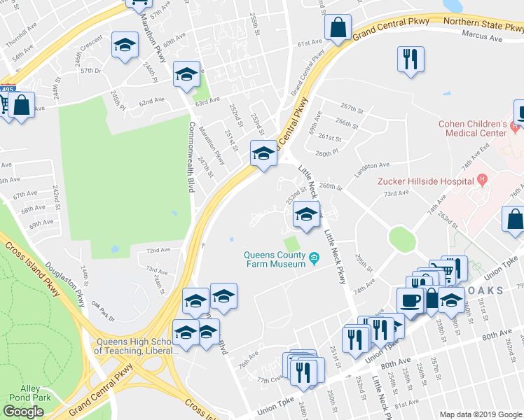 map of restaurants, bars, coffee shops, grocery stores, and more near 251-35 71st Road in Queens