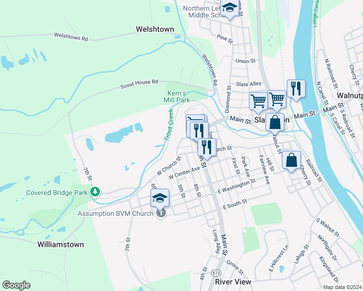 map of restaurants, bars, coffee shops, grocery stores, and more near 61 Dowell Street in Slatington