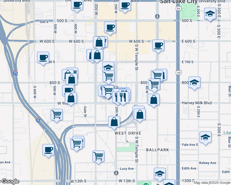 map of restaurants, bars, coffee shops, grocery stores, and more near 854 200 West in Salt Lake City