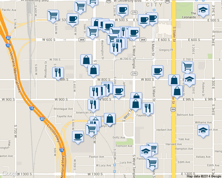 map of restaurants, bars, coffee shops, grocery stores, and more near 854 200 West in Salt Lake City