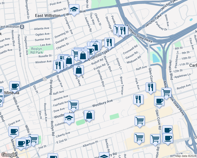 map of restaurants, bars, coffee shops, grocery stores, and more near 205 Raff Avenue in Mineola