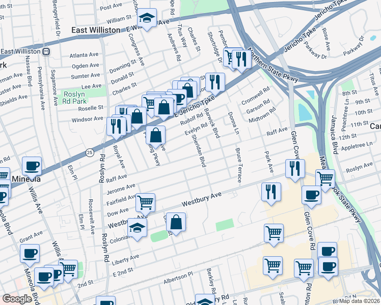 map of restaurants, bars, coffee shops, grocery stores, and more near 205 Raff Avenue in Mineola