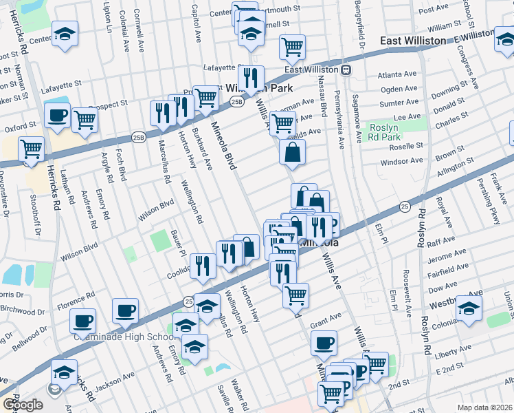 map of restaurants, bars, coffee shops, grocery stores, and more near 347 Mineola Boulevard in Mineola