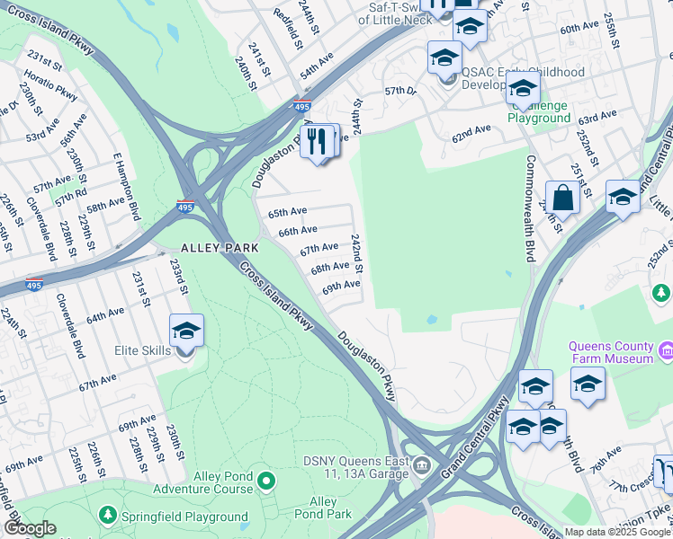 map of restaurants, bars, coffee shops, grocery stores, and more near 240-18 68th Avenue in Queens