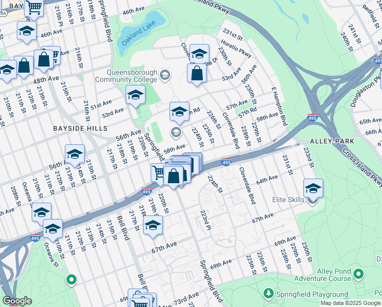 map of restaurants, bars, coffee shops, grocery stores, and more near 221-64 59th Avenue in Queens