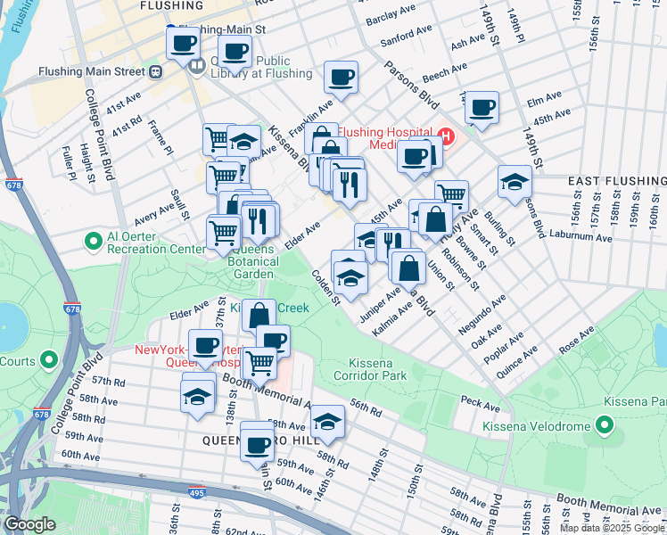 map of restaurants, bars, coffee shops, grocery stores, and more near 45-15 Colden Street in Queens
