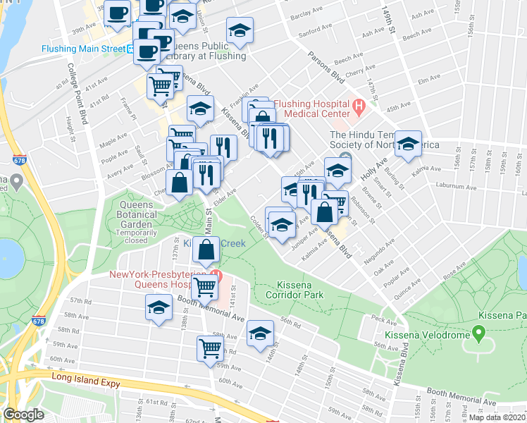 map of restaurants, bars, coffee shops, grocery stores, and more near 45-15 Colden Street in Queens
