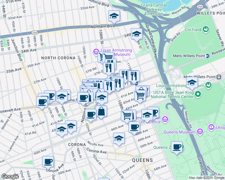 map of restaurants, bars, coffee shops, grocery stores, and more near in Queens
