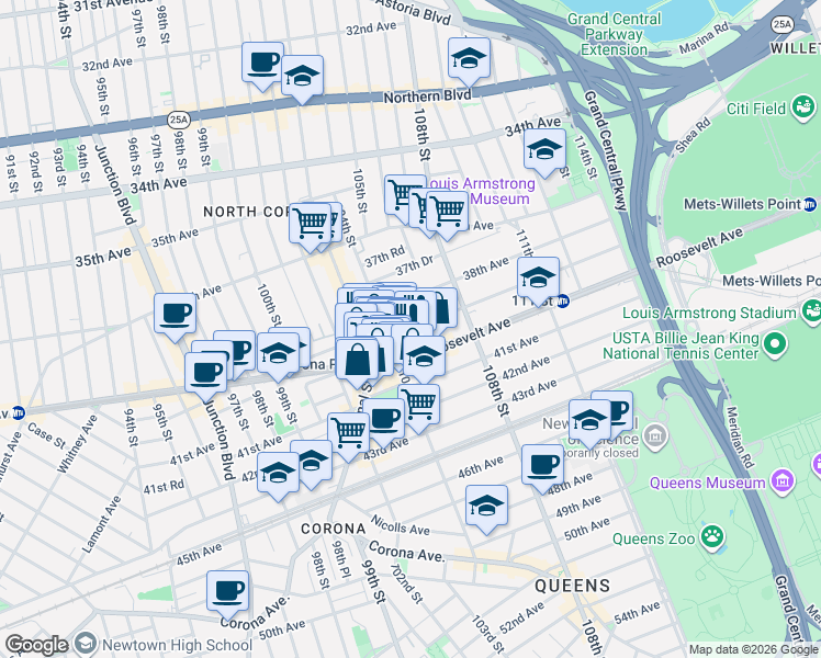 map of restaurants, bars, coffee shops, grocery stores, and more near 104-12 39th Avenue in Queens