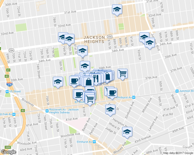 map of restaurants, bars, coffee shops, grocery stores, and more near 35-59 84th Street in Queens