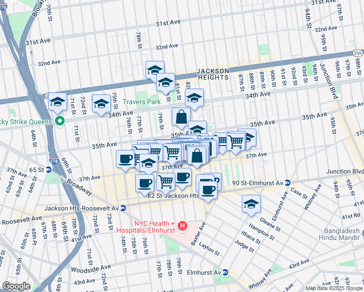 map of restaurants, bars, coffee shops, grocery stores, and more near 3550 81st Street in Queens