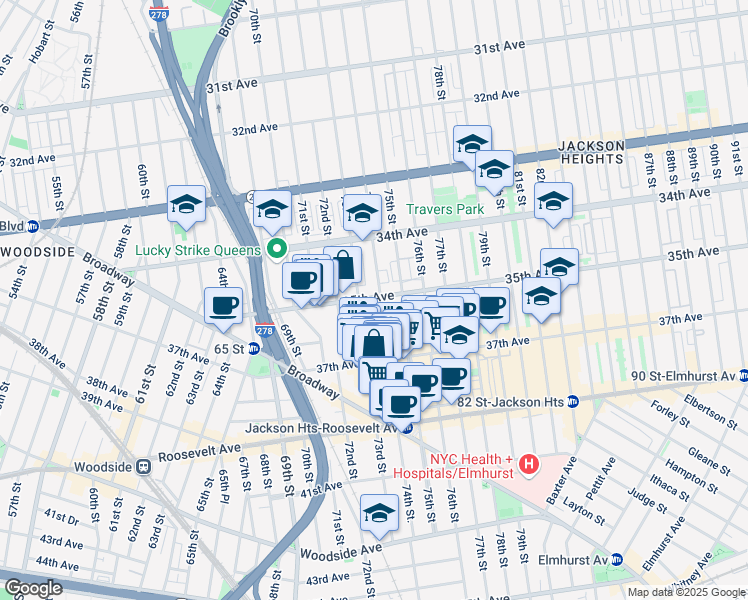 map of restaurants, bars, coffee shops, grocery stores, and more near 35-02 73rd Street in Queens