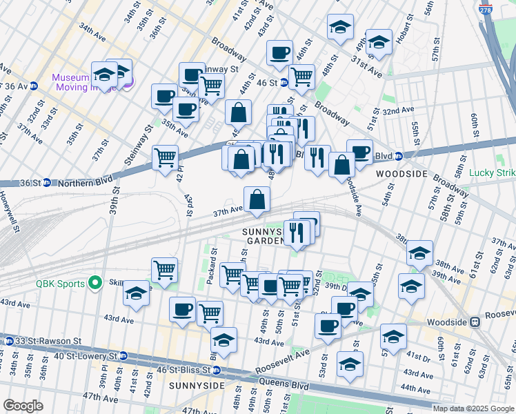 map of restaurants, bars, coffee shops, grocery stores, and more near 47-15 Barnett Avenue in Queens