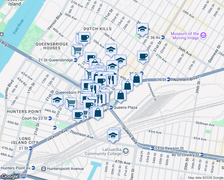 map of restaurants, bars, coffee shops, grocery stores, and more near 41-10 29th Street in Queens