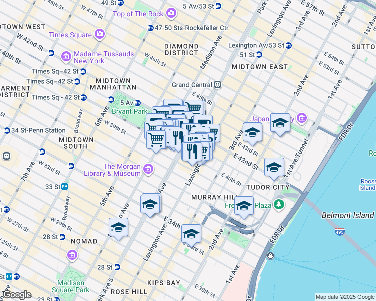 map of restaurants, bars, coffee shops, grocery stores, and more near in New York