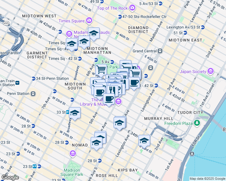 map of restaurants, bars, coffee shops, grocery stores, and more near 19 East 38th Street in New York
