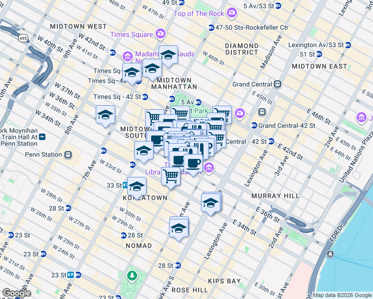 map of restaurants, bars, coffee shops, grocery stores, and more near 1376 West 38th Street in New York