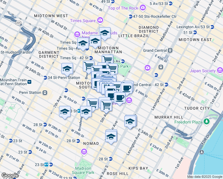map of restaurants, bars, coffee shops, grocery stores, and more near 15 West 36th Street in New York