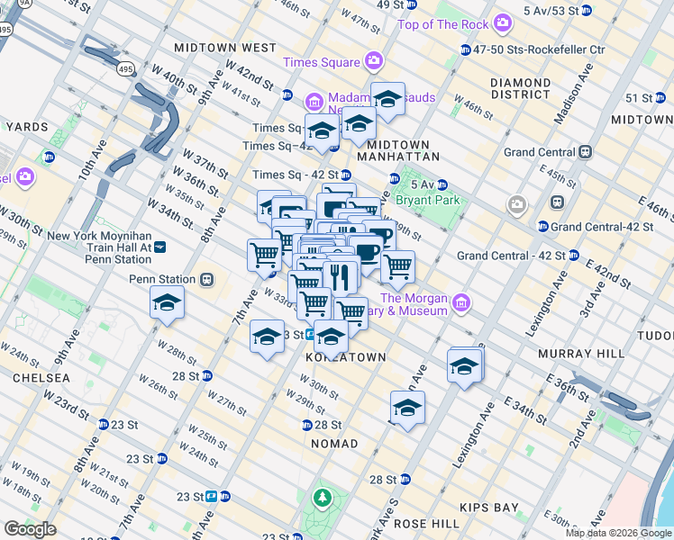 map of restaurants, bars, coffee shops, grocery stores, and more near in New York