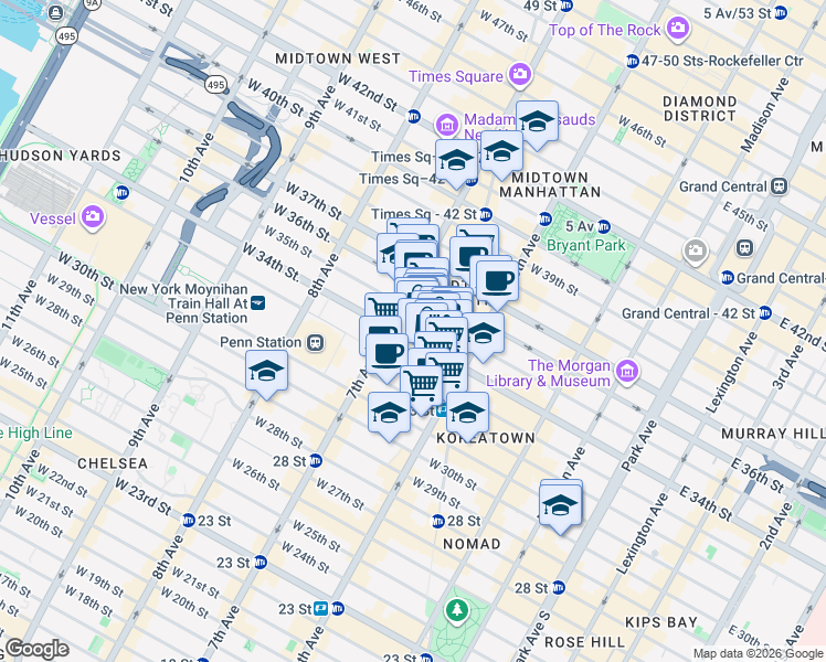 map of restaurants, bars, coffee shops, grocery stores, and more near in New York