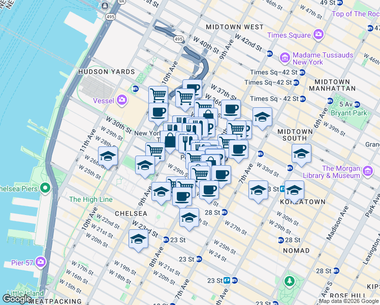 map of restaurants, bars, coffee shops, grocery stores, and more near 341 West 30th Street in New York