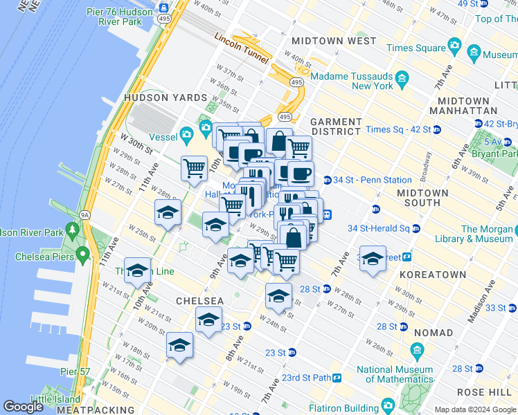 map of restaurants, bars, coffee shops, grocery stores, and more near 370 West 30th Street in New York