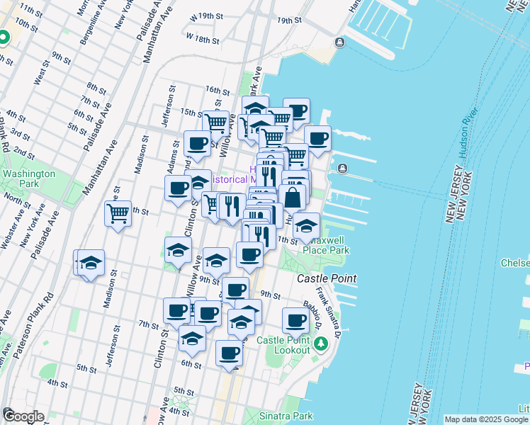map of restaurants, bars, coffee shops, grocery stores, and more near 1117 Washington Street in Hoboken