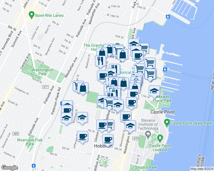 map of restaurants, bars, coffee shops, grocery stores, and more near 1035 Grand Street in Hoboken