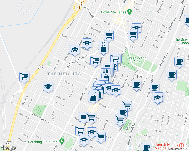 map of restaurants, bars, coffee shops, grocery stores, and more near 47 Bleecker Street in Jersey City