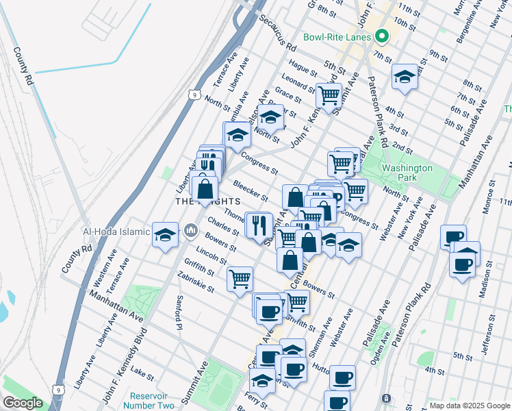 map of restaurants, bars, coffee shops, grocery stores, and more near 186-188 South Street in Jersey City