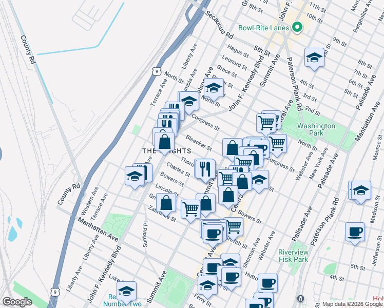 map of restaurants, bars, coffee shops, grocery stores, and more near 106 Thorne Street in Jersey City