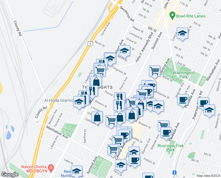 map of restaurants, bars, coffee shops, grocery stores, and more near 106 Thorne Street in Jersey City